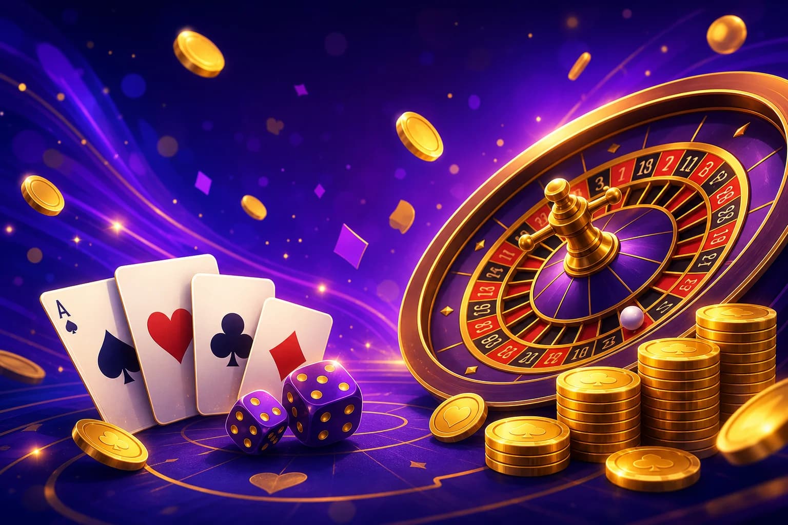 Colourful social casino-style illustration with roulette wheel, cards, dice and virtual coins — no real money
